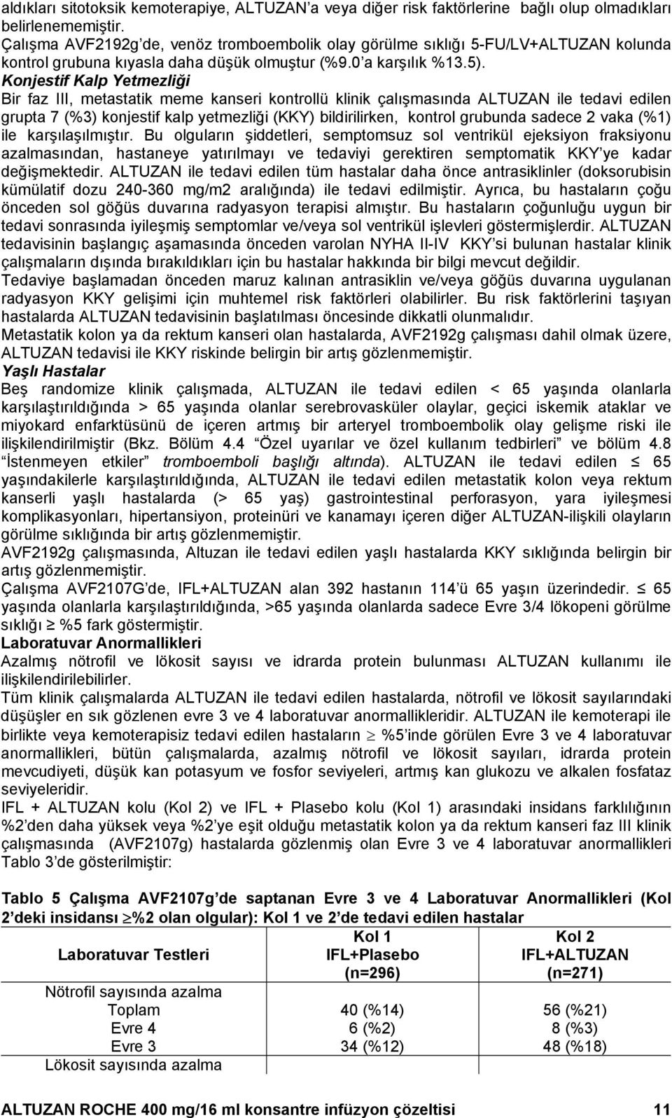 Konjestif Kalp Yetmezliği Bir faz III, metastatik meme kanseri kontrollü klinik çalışmasında ALTUZAN ile tedavi edilen grupta 7 (%3) konjestif kalp yetmezliği (KKY) bildirilirken, kontrol grubunda