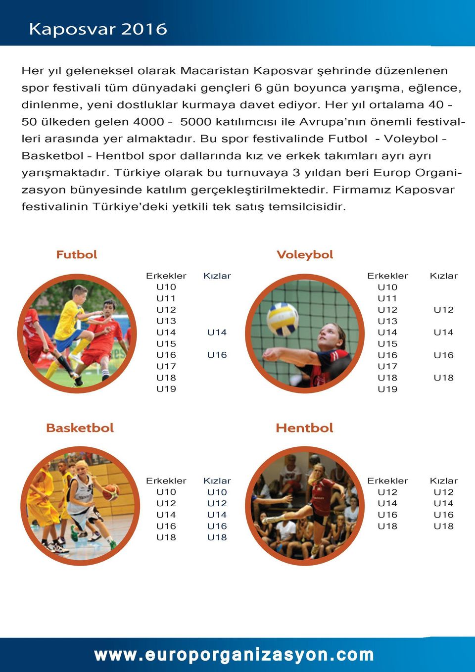 Bu spor festivalinde Futbol - Voleybol Basketbol Hentbol spor dallarında kız ve erkek takımları ayrı ayrı yarışmaktadır.