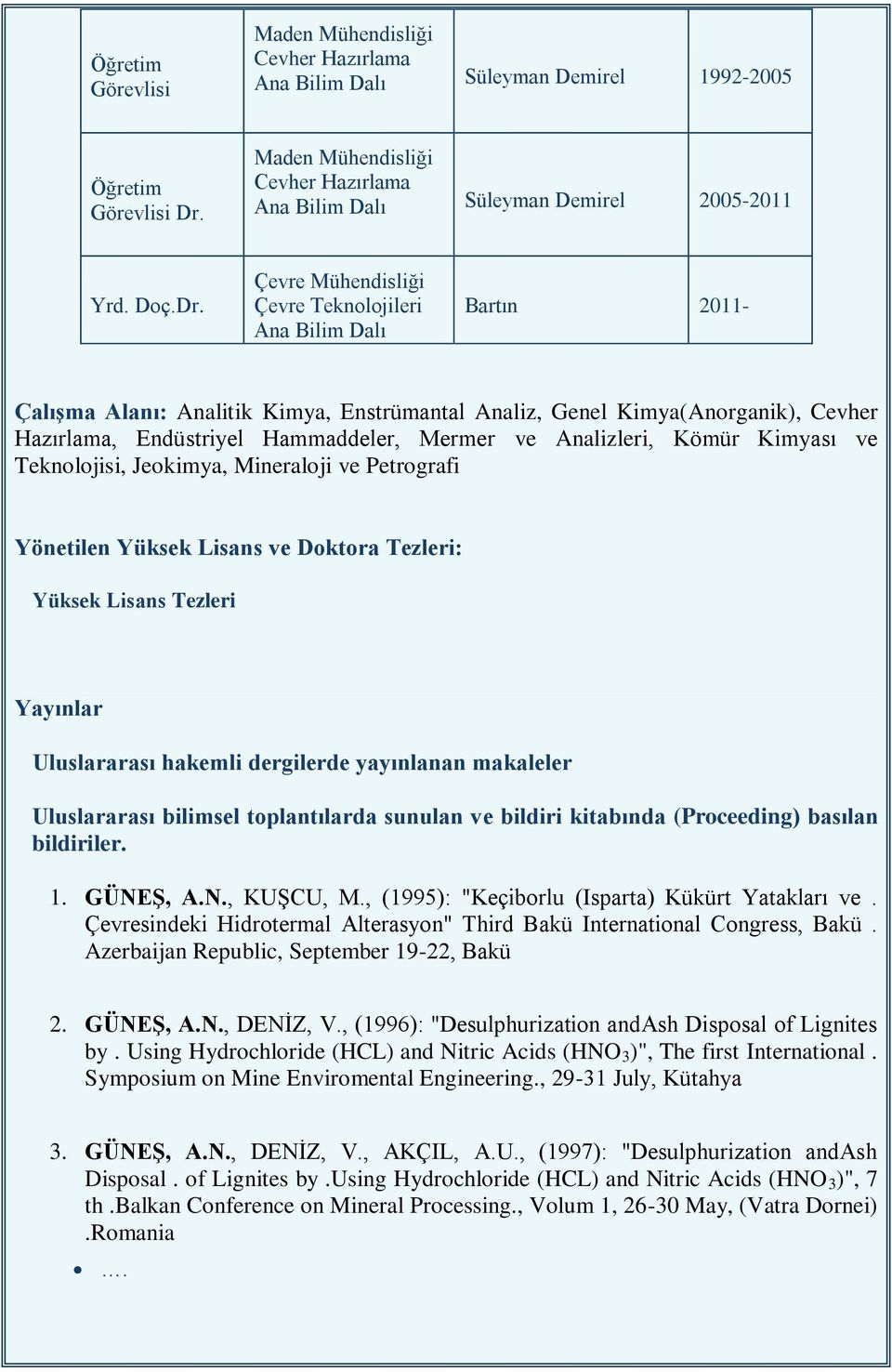 Çevre Mühendisliği Çevre Teknolojileri Ana Bilim Dalı Bartın 2011- Çalışma Alanı: Analitik Kimya, Enstrümantal Analiz, Genel Kimya(Anorganik), Cevher Hazırlama, Endüstriyel Hammaddeler, Mermer ve