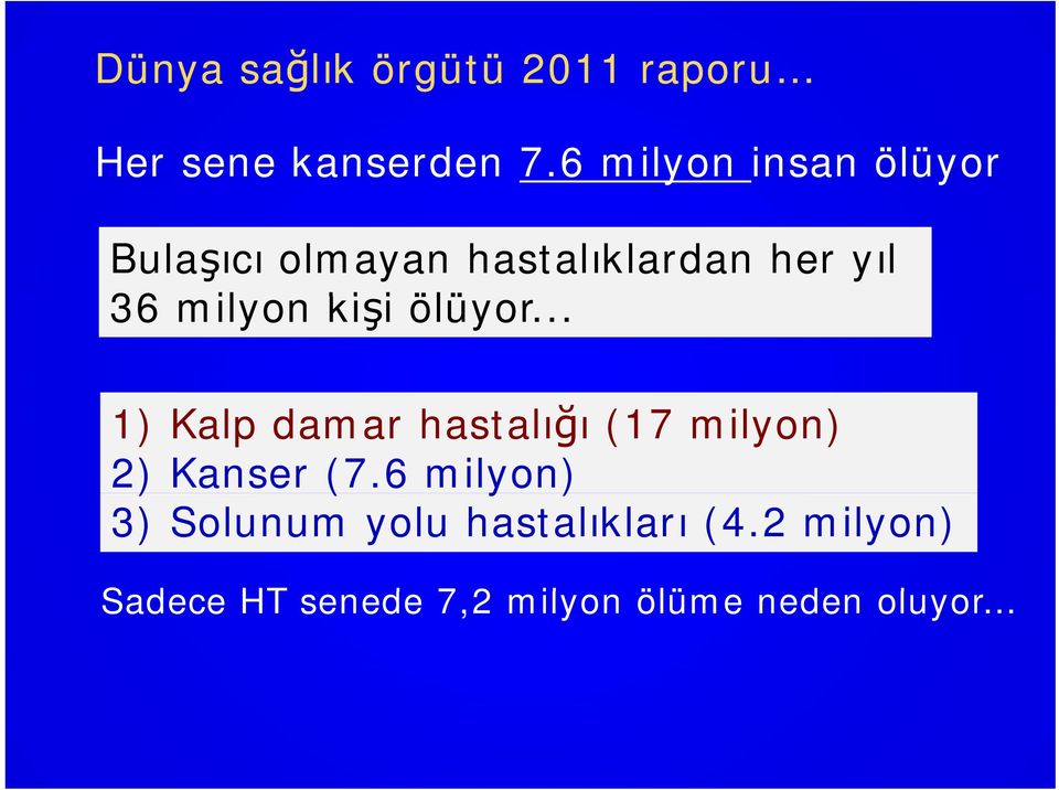 kişi i ölüyor... 1) Kalp damar hastalığı (17 milyon) 2) Kanser (7.