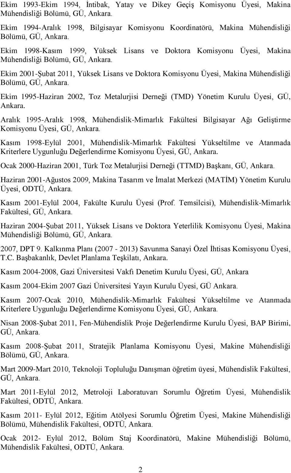 1995-Haziran 2002, Toz Metalurjisi Derneği (TMD) Yönetim Kurulu Üyesi, GÜ, Aralık 1995-Aralık 1998, Mühendislik-Mimarlık Fakültesi Bilgisayar Ağı Geliştirme Komisyonu Üyesi, GÜ, Kasım 1998-Eylül