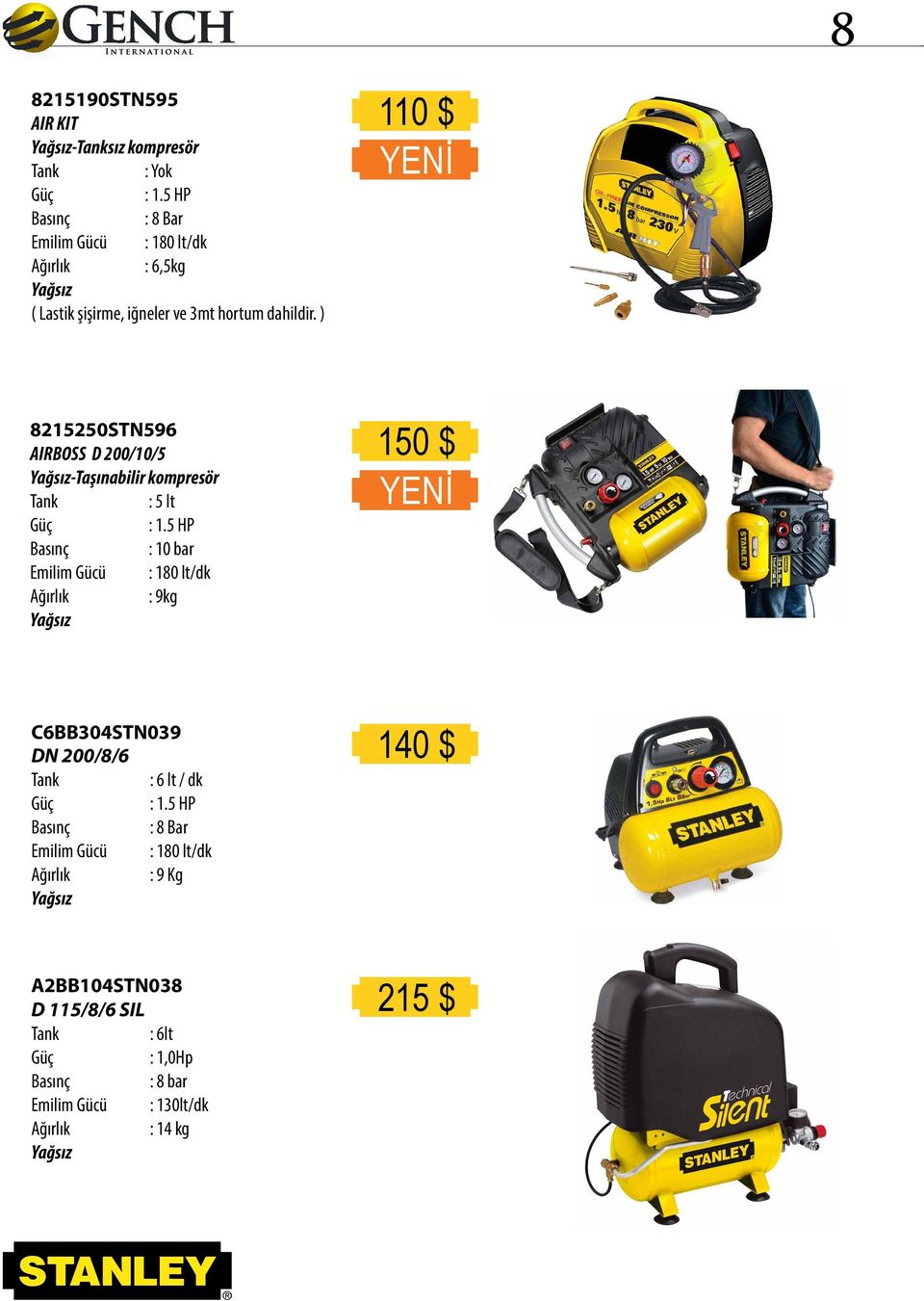 ) 110 $ YENİ 8215250STN596 AIRBOSS D 200/10/5 Yağsız-Taşınabilir kompresör : 5 lt : 1.