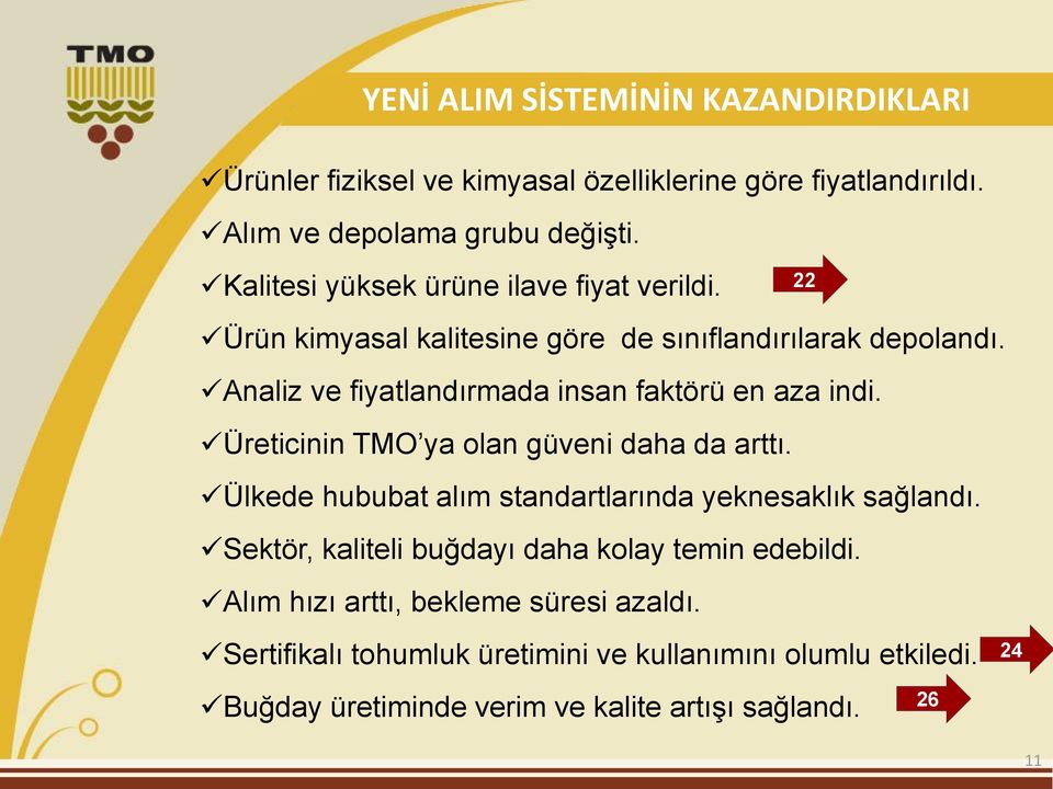 Analiz ve fiyatlandırmada insan faktörü en aza indi. Üreticinin TMO ya olan güveni daha da arttı.