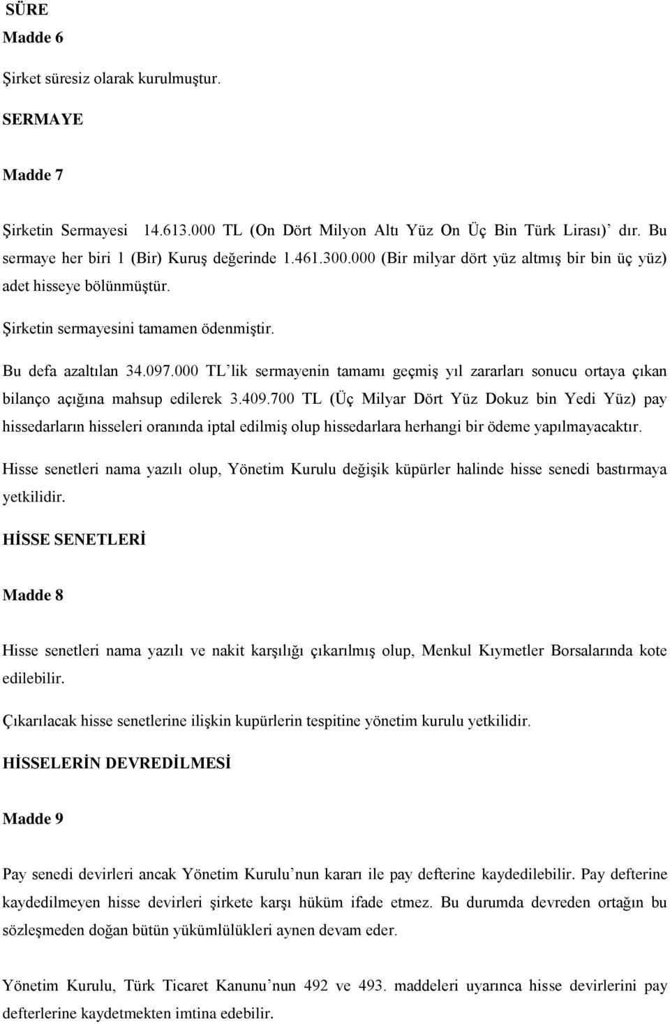 000 TL lik sermayenin tamamı geçmiş yıl zararları sonucu ortaya çıkan bilanço açığına mahsup edilerek 3.409.