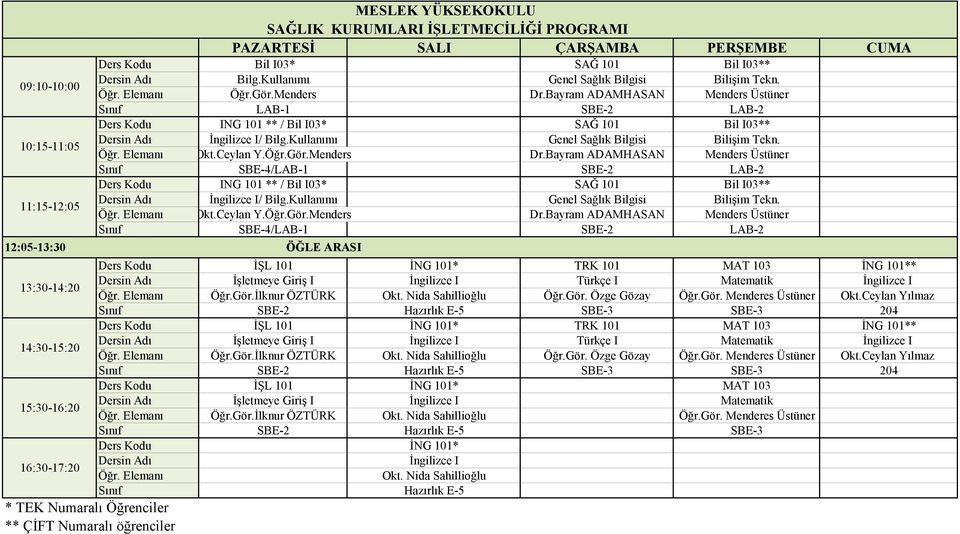 Menders Dr.Bayram ADAMHASAN Menders Üstüner Sınıf SBE-4/LAB-1 SBE-2 LAB-2 Ders Kodu ING 101 ** / Bil I03* SAĞ 101 Bil I03** İngilizce I/ Bilg.Kullanımı Genel Sağlık Bilgisi Bilişim Tekn. Okt.Ceylan Y.