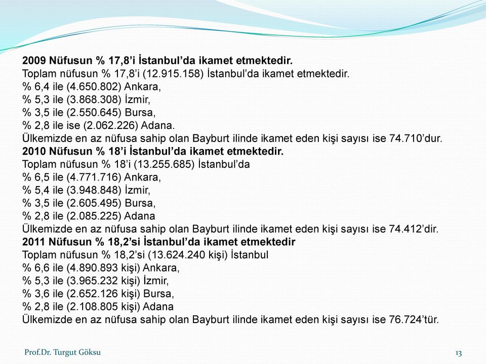 Toplam nüfusun % 18 i (13.255.685) İstanbul da % 6,5 ile (4.771.716) Ankara, % 5,4 ile (3.948.848) İzmir, % 3,5 ile (2.605.495) Bursa, % 2,8 ile (2.085.