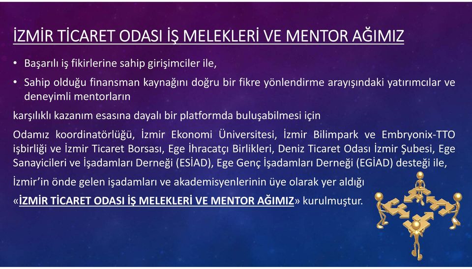 ve Embryonix TTO işbirliği ve İzmir Ticaret Borsası, Ege İhracatçı Birlikleri, Deniz Ticaret Odası İzmir Şubesi, Ege Sanayicileri ve İşadamları Derneği(ESİAD), Ege Genç