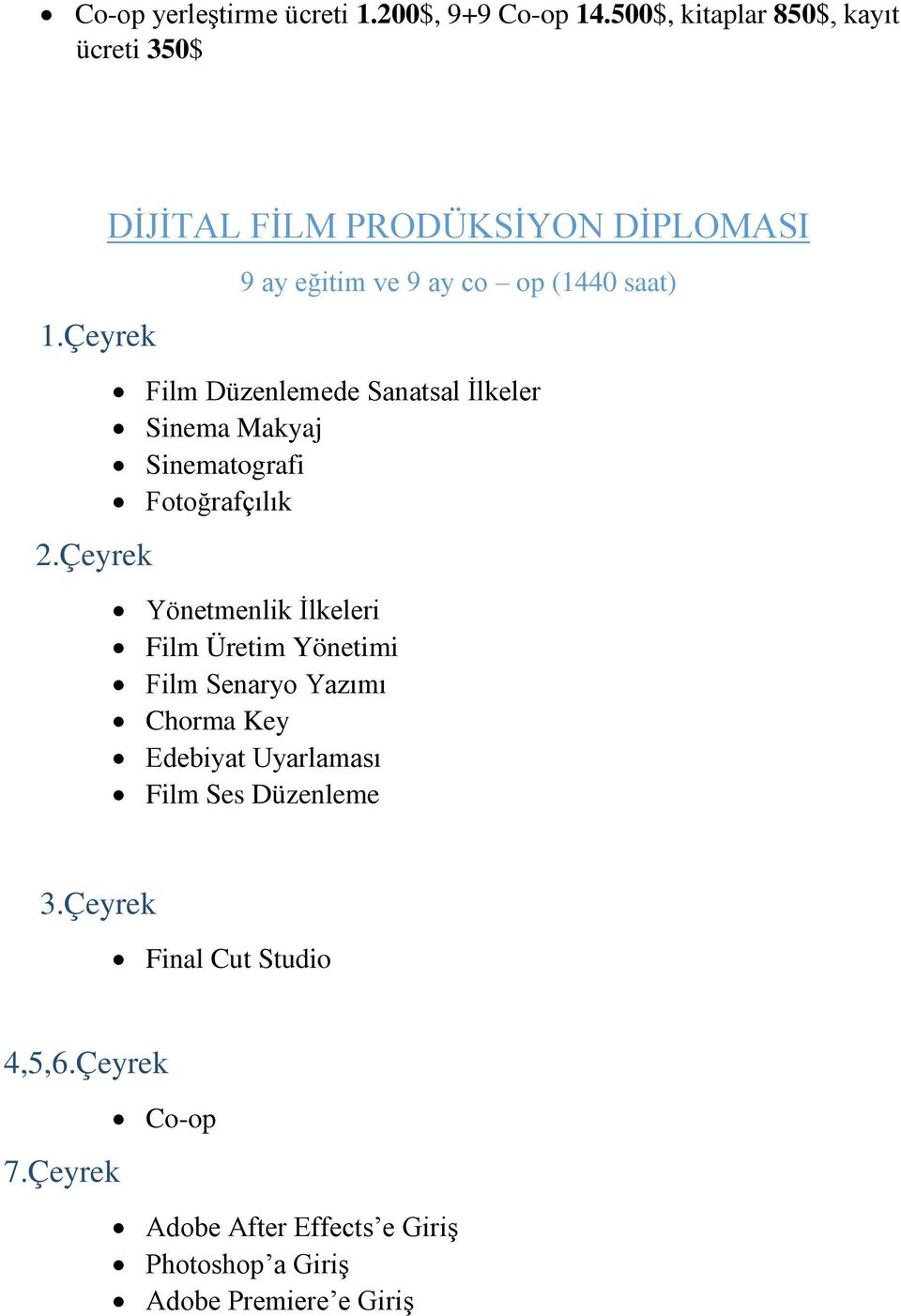 Makyaj Sinematografi Fotoğrafçılık Yönetmenlik İlkeleri Film Üretim Yönetimi Film Senaryo Yazımı Chorma Key Edebiyat