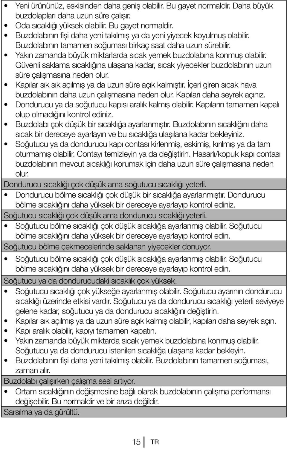 Güvenli saklama sıcaklığına ulaşana kadar, sıcak yiyecekler buzdolabının uzun süre çalışmasına neden olur. Kapılar sık sık açılmış ya da uzun süre açık kalmıştır.