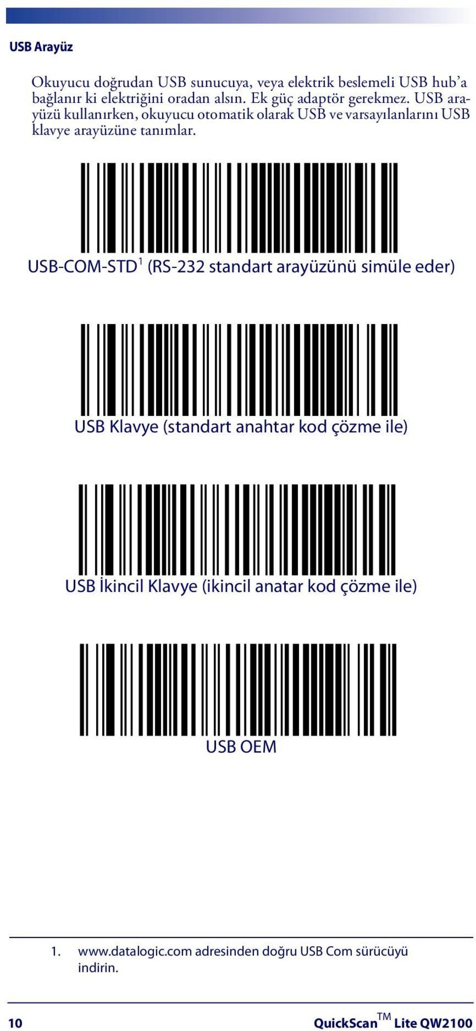 USB arayüzü kullanırken, okuyucu otomatik olarak USB ve varsayılanlarını USB klavye arayüzüne tanımlar.