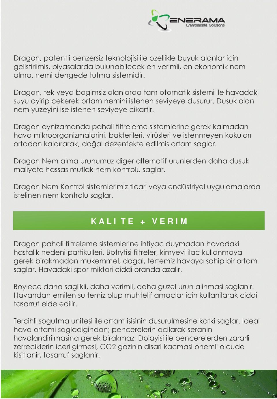 Dragon aynizamanda pahali filtreleme sistemlerine gerek kalmadan hava mikroorganizmalarini, bakterileri, virüsleri ve istenmeyen kokuları ortadan kaldırarak, doğal dezenfekte edilmis ortam saglar.