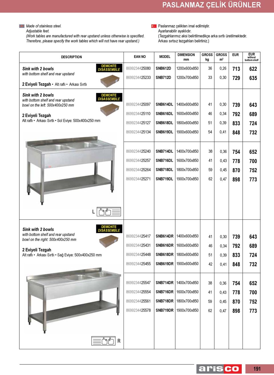 bowls with bottom shelf and rear upstand bowl on the left: 500x400x250 8699234425097 SNB614DL 41 739 643 2 Eviyeli Tezgah Alt raflı Arkası Sırtlı Sol Eviye: 500x400x250 8699234425110 8699234425127