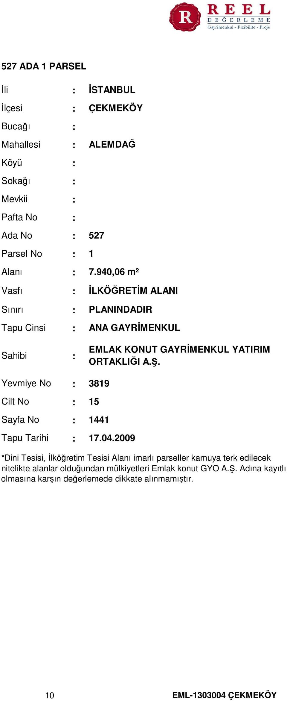 Yevmiye No 3819 Cilt No 15 Sayfa No 1441 Tapu Tarihi 17.04.