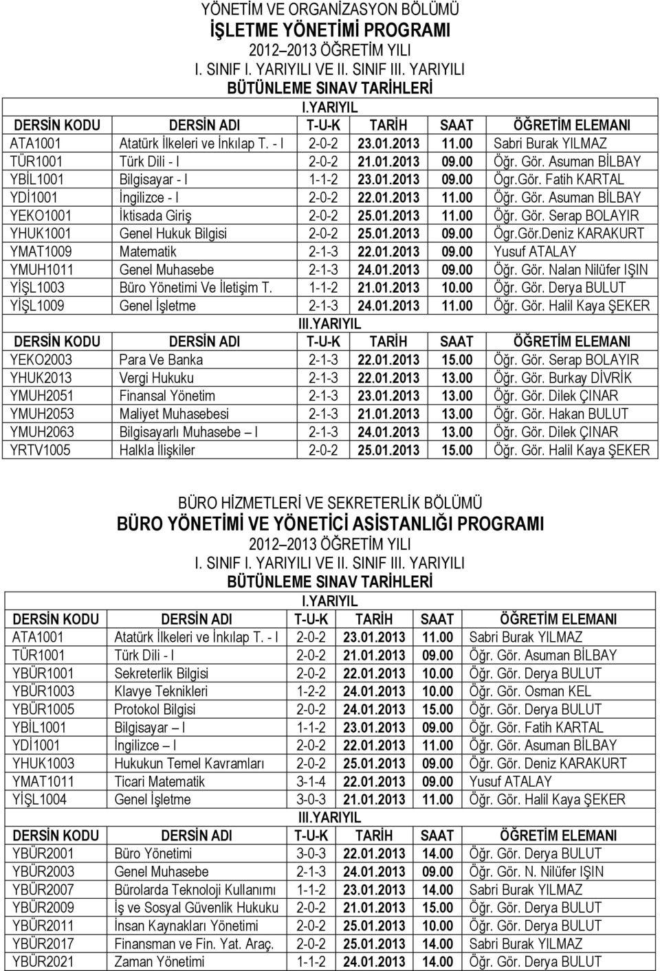 00 Ögr.Gör.Deniz KARAKURT YMAT1009 Matematik 2-1-3 22.01.2013 09.00 Yusuf ATALAY YMUH1011 Genel Muhasebe 2-1-3 24.01.2013 09.00 Öğr. Gör. Nalan Nilüfer IŞIN YİŞL1003 Büro Yönetimi Ve İletişim T.