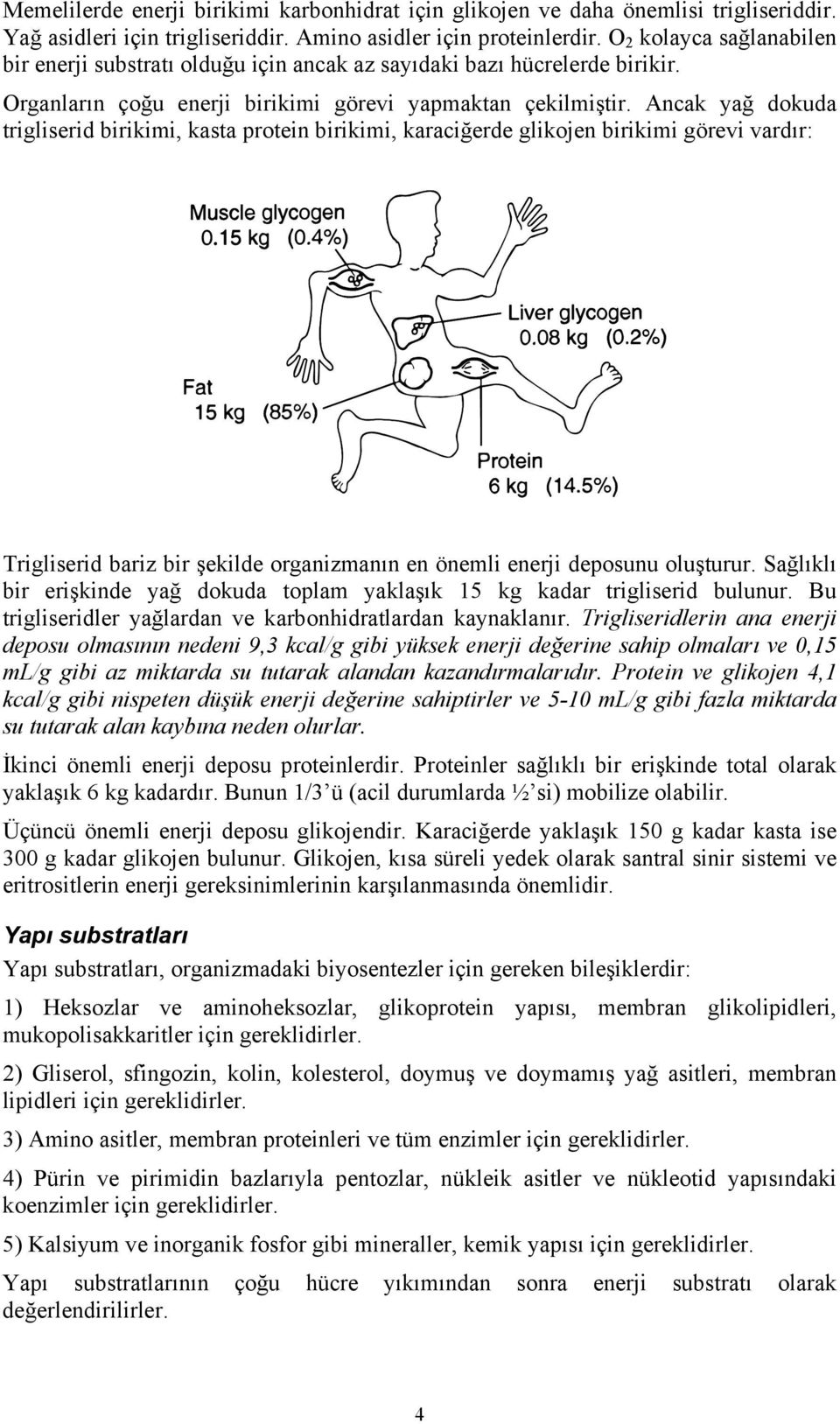 Ancak yağ dokuda trigliserid birikimi, kasta protein birikimi, karaciğerde glikojen birikimi görevi vardır: Trigliserid bariz bir şekilde organizmanın en önemli enerji deposunu oluşturur.