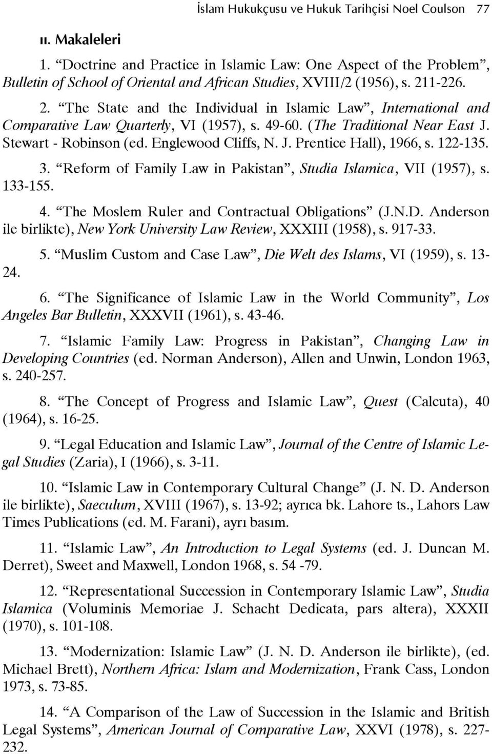 122-135. 3. Reform of Family Law in Pakistan, Studia Islamica, VII (1957), s. 133-155. 4. The Moslem Ruler and Contractual Obligations (J.N.D.