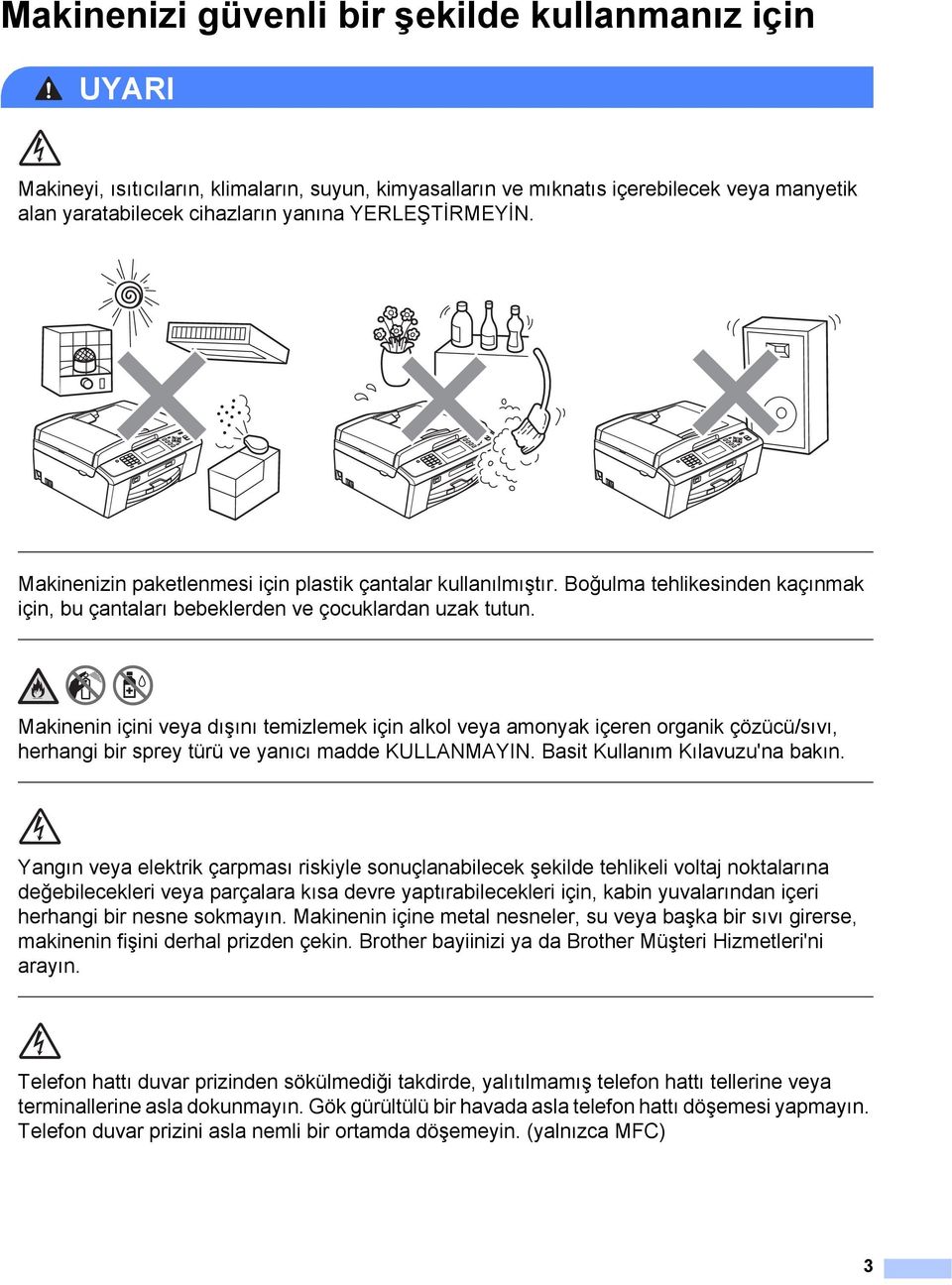 Makinenin içini veya dışını temizlemek için alkol veya amonyak içeren organik çözücü/sıvı, herhangi bir sprey türü ve yanıcı madde KULLANMAYIN. Basit Kullanım Kılavuzu'na bakın.