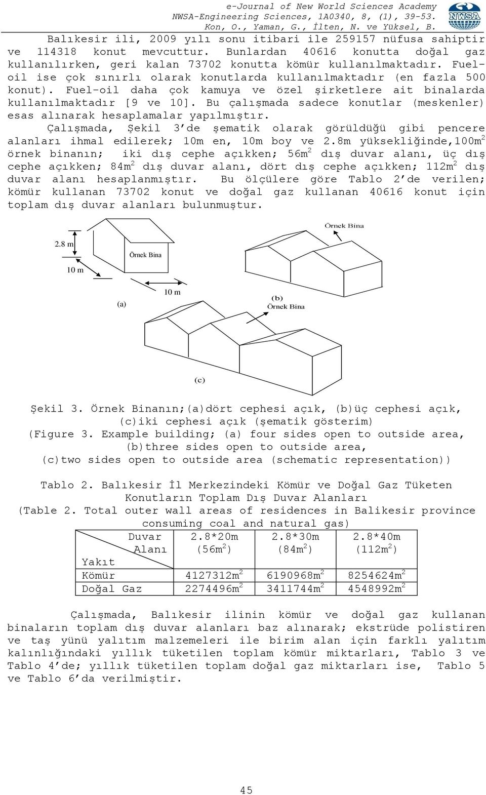 Bu çalışmada sadece konutlar (meskenler) esas alınarak hesaplamalar yapılmıştır. Çalışmada, Şekil 3 de şematik olarak görüldüğü gibi pencere alanları ihmal edilerek; 10m en, 10m boy ve 2.