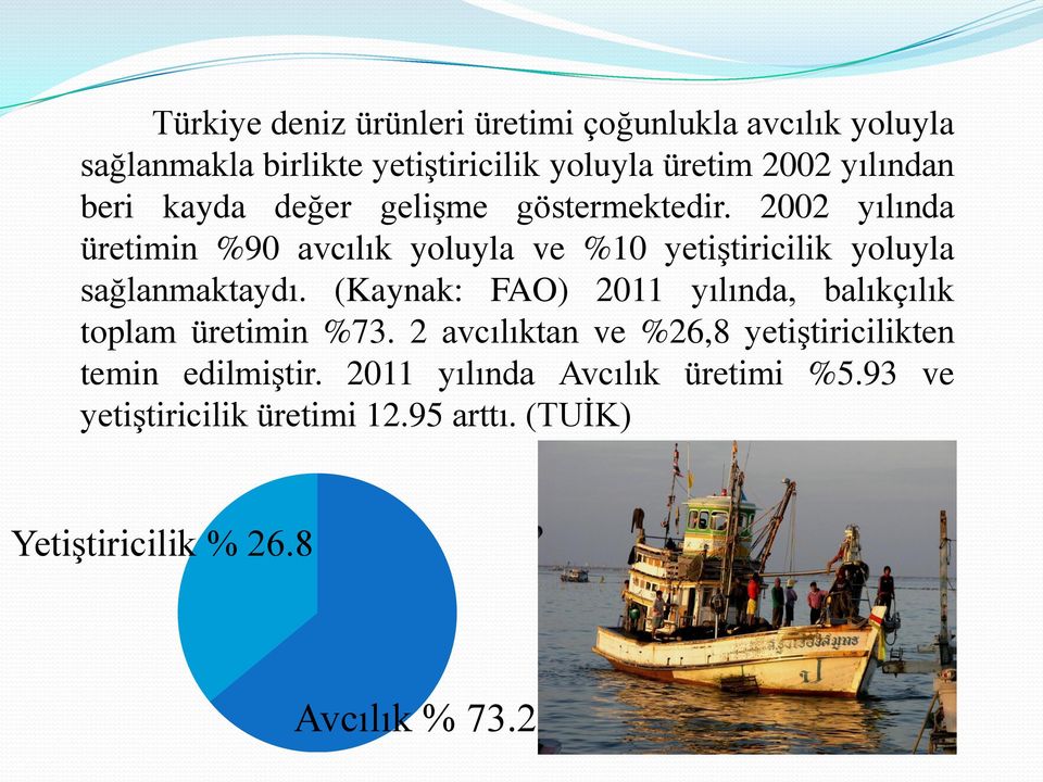 2002 yılında üretimin %90 avcılık yoluyla ve %10 yetiģtiricilik yoluyla sağlanmaktaydı.