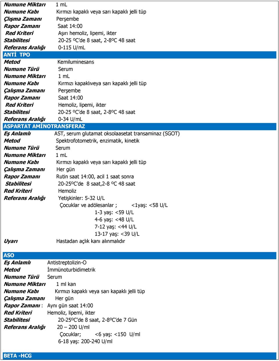 transaminaz (SGOT) Spektrofotometrik, enzimatik, kinetik Rapor Zamanı Rutin saat 14:00, acil 1 saat sonra 20-25ºC de 8 saat,2-8 ºC 48 saat Hemoliz Referans Aralığı Yetişkinler: 5-32 U/L Çocuklar ve