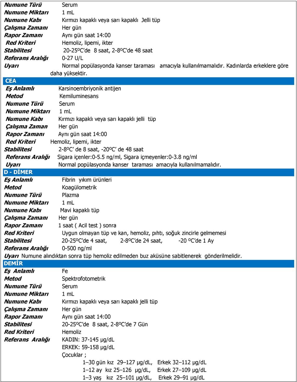 CEA Karsinoembriyonik antijen Çalışma Zaman Her gün Hemoliz, lipemi, ikter 2-8ºC de 8 saat, -20ºC de 48 saat Referans Aralığı Sigara içenler:0-5.5 ng/ml, Sigara içmeyenler:0-3.