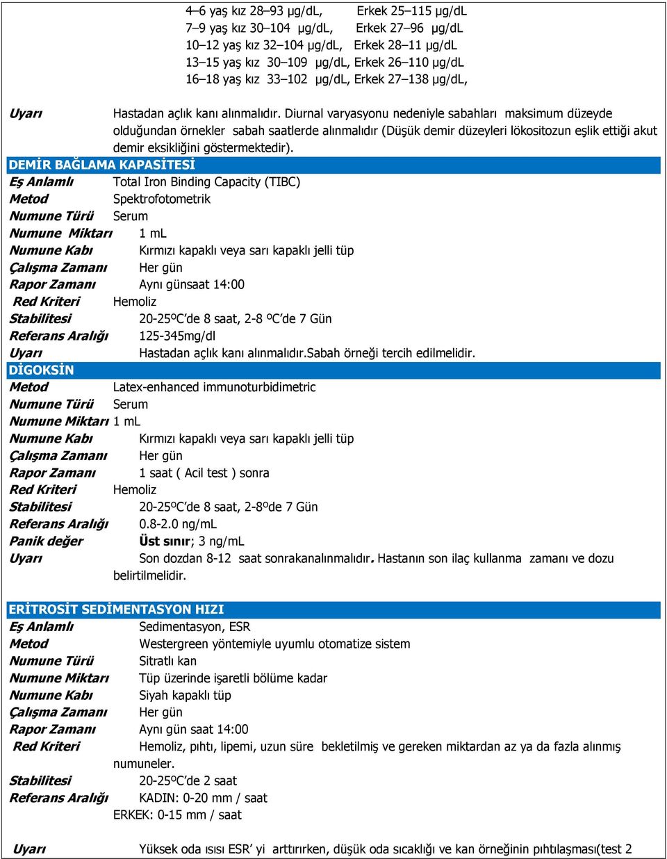 Diurnal varyasyonu nedeniyle sabahları maksimum düzeyde olduğundan örnekler sabah saatlerde alınmalıdır (Düşük demir düzeyleri lökositozun eşlik ettiği akut demir eksikliğini göstermektedir).
