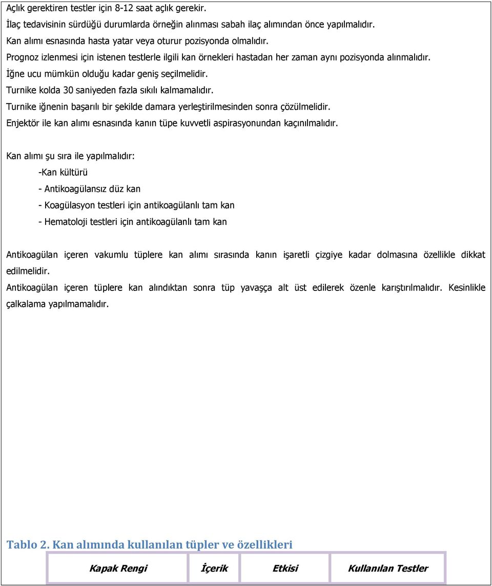 İğne ucu mümkün olduğu kadar geniş seçilmelidir. Turnike kolda 30 saniyeden fazla sıkılı kalmamalıdır. Turnike iğnenin başarılı bir şekilde damara yerleştirilmesinden sonra çözülmelidir.