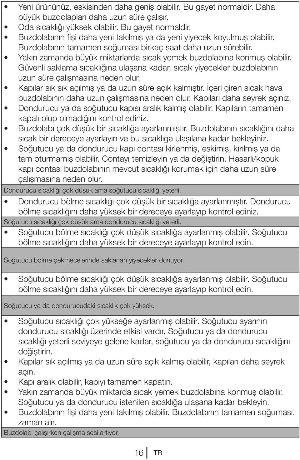 Güvenli saklama sıcaklığına ulaşana kadar, sıcak yiyecekler buzdolabının uzun süre çalışmasına neden olur. Kapılar sık sık açılmış ya da uzun süre açık kalmıştır.