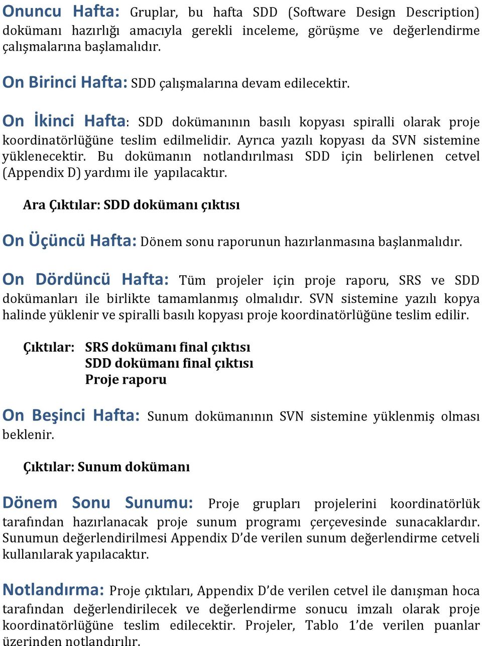 Ayrıca yazılı kopyası da SVN sistemine yüklenecektir. Bu dokümanın notlandırılması SDD için belirlenen cetvel (Appendix D) yardımı ile yapılacaktır.