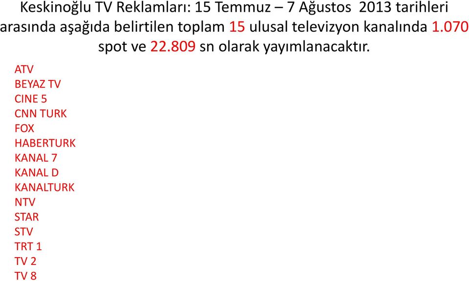 070 spot ve 22.809 sn olarak yayımlanacaktır.