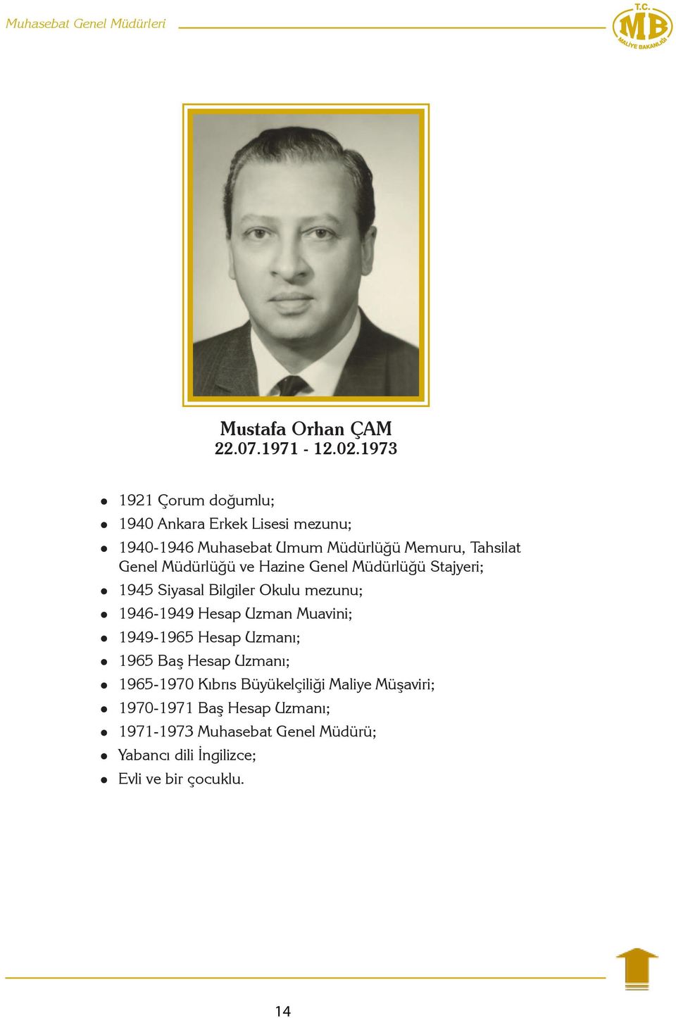 Müdürlüğü ve Hazine Genel Müdürlüğü Stajyeri; 1945 Siyasal Bilgiler Okulu mezunu; 1946-1949 Hesap Uzman Muavini; 1949-1965
