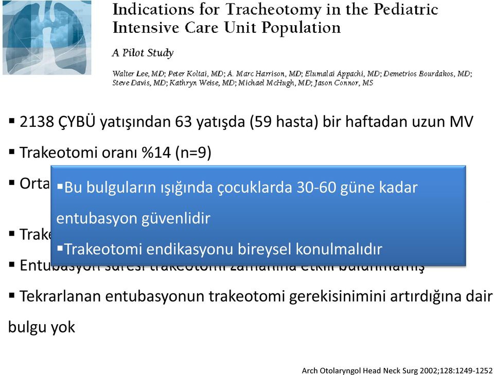 (n=9) konulmalıdır Trakeotomi yok (n=50) saat (gün) Entubasyon süresi trakeotomi zamanına etkili bulunmamış Ortalama 424 (18) 386 (16) Tekrarlanan entubasyonun