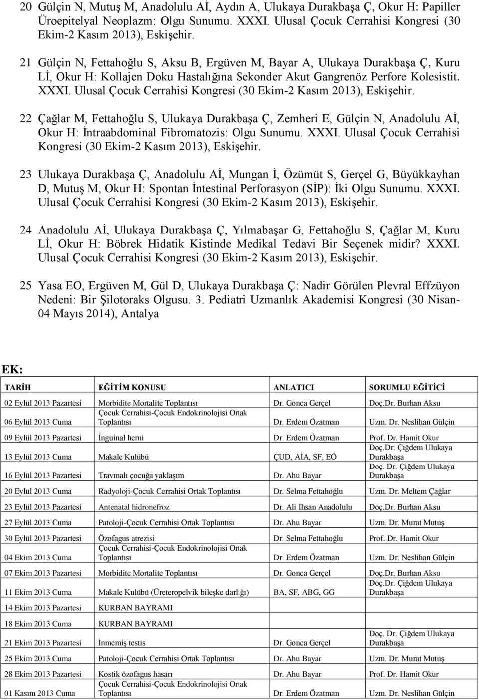 Ulusal Çocuk Cerrahisi Kongresi (30 Ekim-2 Kasım 2013), Eskişehir. 22 Çağlar M, Fettahoğlu S, Ulukaya Ç, Zemheri E, Gülçin N, Anadolulu Aİ, Okur H: İntraabdominal Fibromatozis: Olgu Sunumu. XXXI.