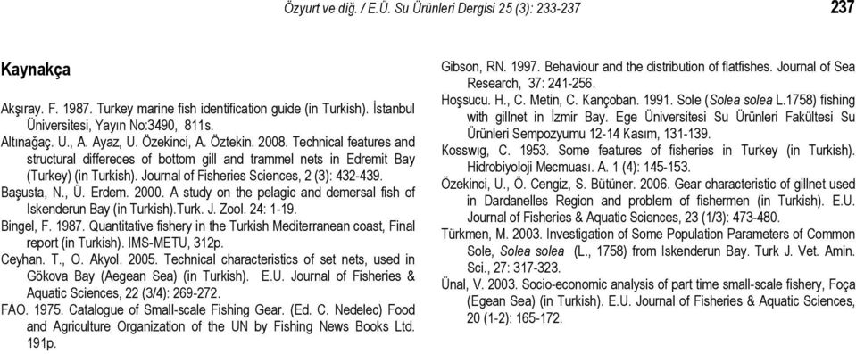 Journal of Fisheries Sciences, 2 (3): 432-439. Başusta, N., Ü. Erdem. 2000. A study on the pelagic and demersal fish of Iskenderun Bay (in Turkish).Turk. J. Zool. 24: 1-19. Bingel, F. 1987.