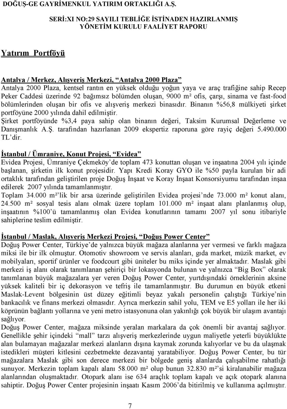 Binanın %56,8 mülkiyeti şirket portföyüne 2000 yılında dahil edilmiştir. Şirket portföyünde %3,4 paya sahip olan binanın değeri, Taksim Kurumsal Değerleme ve Danışmanlık A.Ş. tarafından hazırlanan 2009 ekspertiz raporuna göre rayiç değeri 5.