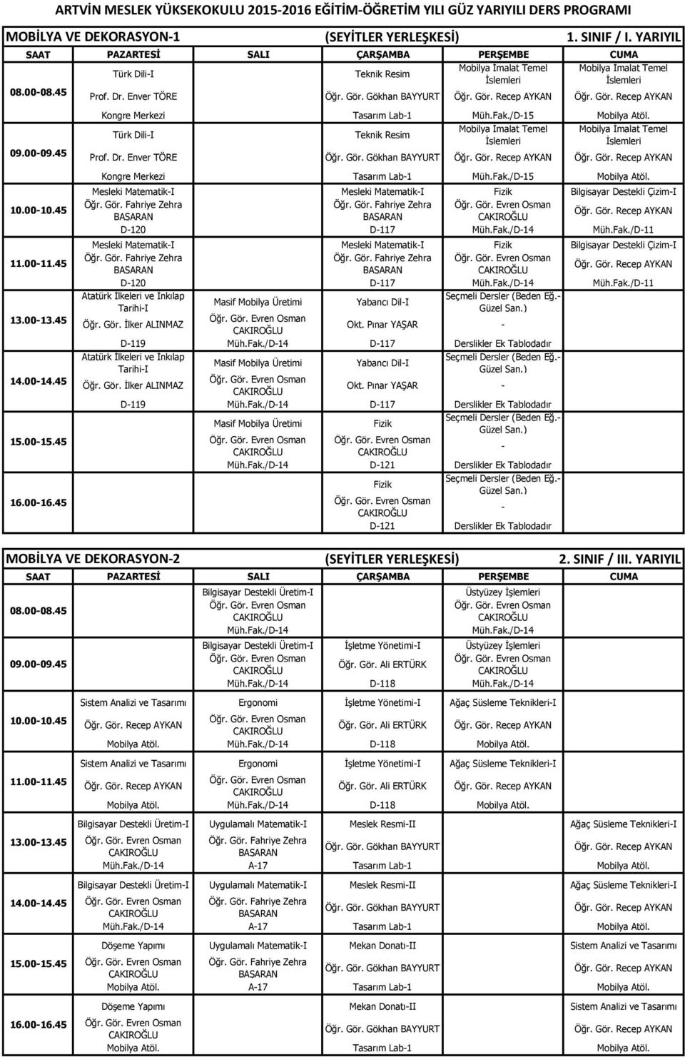 Fak./D15 Mobilya Atöl. Mesleki MatematikI Mesleki MatematikI Fizik Bilgisayar Destekli ÇizimI Öğr. Gör. Evren Osman Öğr. Gör. Recep AYKAN D120 D117 Müh.Fak./D14 Müh.Fak./D11 Mesleki MatematikI Mesleki MatematikI Fizik Bilgisayar Destekli ÇizimI Öğr.