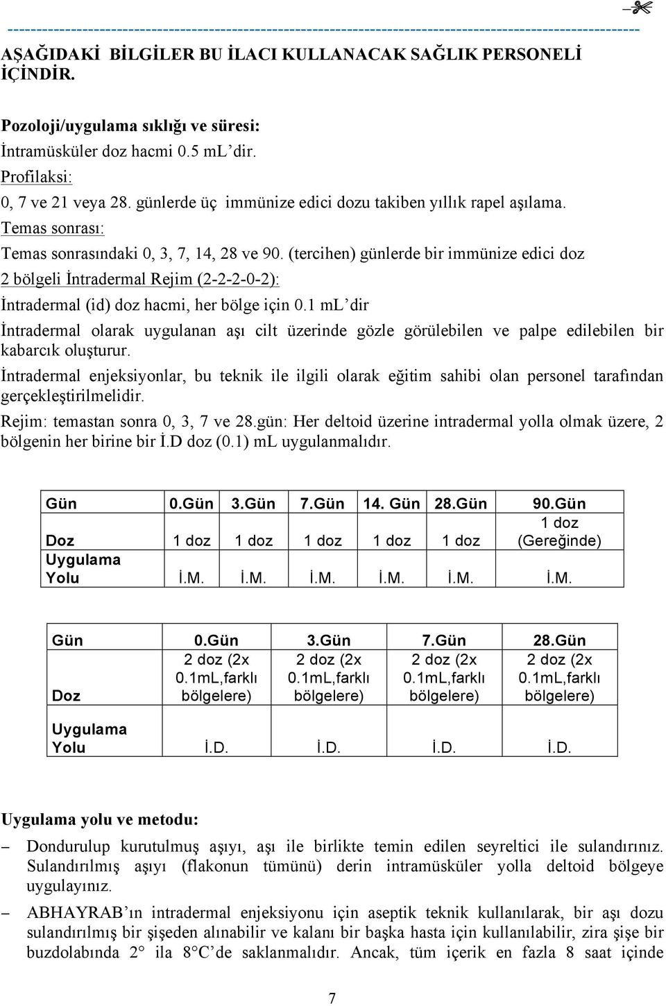 Temas sonrası: Temas sonrasındaki 0, 3, 7, 14, 28 ve 90. (tercihen) günlerde bir immünize edici doz 2 bölgeli İntradermal Rejim (2-2-2-0-2): İntradermal (id) doz hacmi, her bölge için 0.