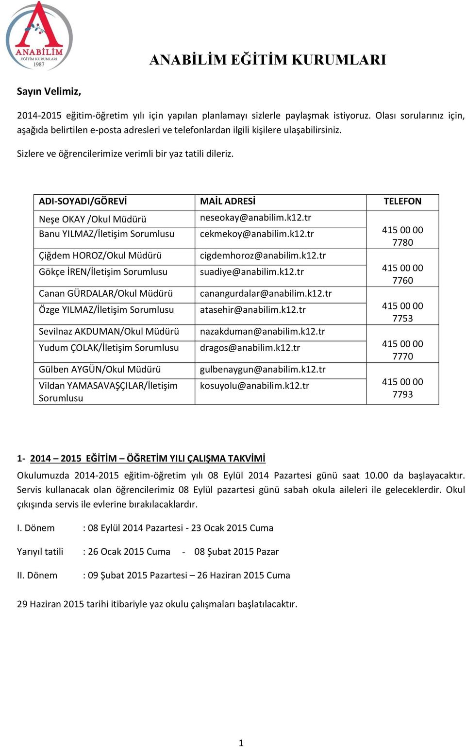 ADI-SOYADI/GÖREVİ MAİL ADRESİ TELEFON Neşe OKAY /Okul Müdürü Banu YILMAZ/İletişim Sorumlusu Çiğdem HOROZ/Okul Müdürü Gökçe İREN/İletişim Sorumlusu Canan GÜRDALAR/Okul Müdürü Özge YILMAZ/İletişim