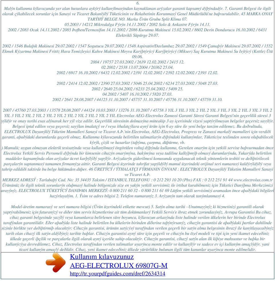 Marka Ürün Grubu Split Klima 07. 05.2003 / 14212 Mikrodalga Fýrýn 14.11.2002 / 2082 Solo & Ankastre Fýrýn 14.11. 2002 / 2083 Ocak 14.11.2002 / 2085 Þofben/Termosifon 14.11.2002 / 2086 Kurutma Makinesi 15.