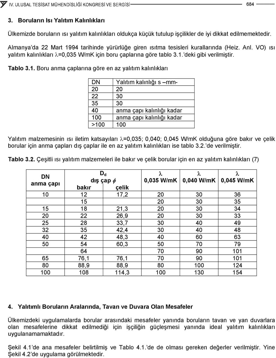 . Boru anma çaplarına göre en az yalıtım kalınlıkları DN Yalıtım kalınlığı s mm- 20 20 22 30 35 30 40 anma çapı kalınlığı kaar 00 anma çapı kalınlığı kaar >00 00 Yalıtım malzemesinin ısı iletim