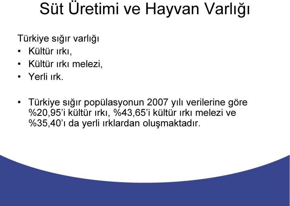 Türkiye sığır popülasyonun 2007 yılı verilerine göre %20,95