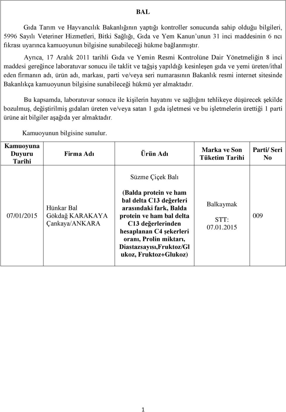 Ayrıca, 7 Aralık 20 tarihli Gıda ve Yemin Resmi Kontrolüne Dair Yönetmeliğin 8 inci maddesi gereğince laboratuvar sonucu ile taklit ve tağşiş yapıldığı kesinleşen gıda ve yemi üreten/ithal eden