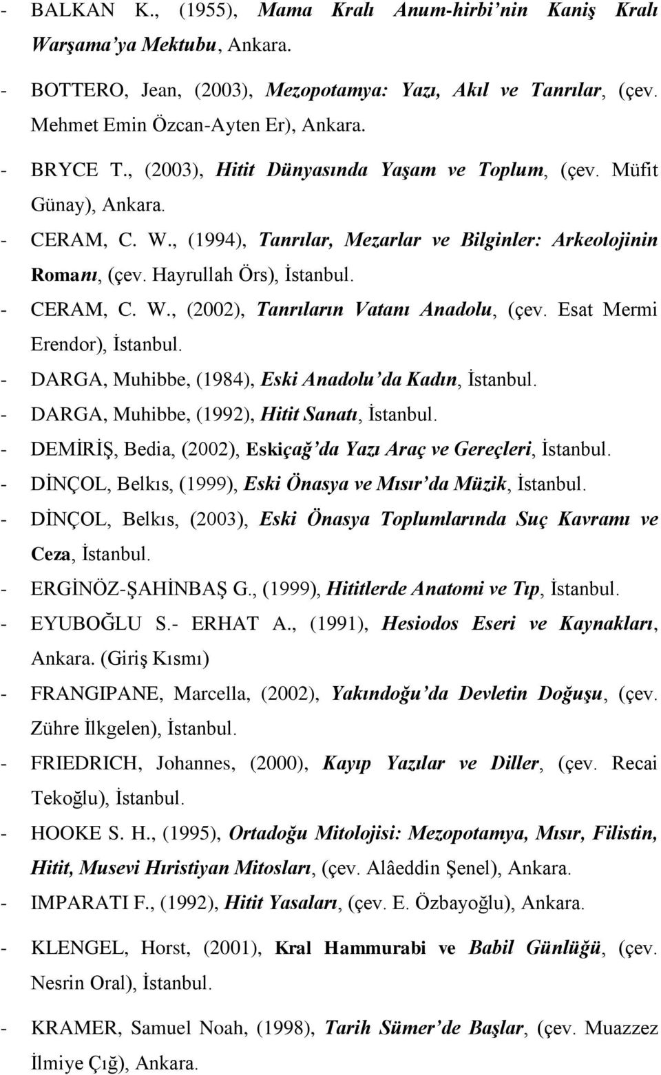 Esat Mermi Erendor), - DARGA, Muhibbe, (1984), Eski Anadolu da Kadın, - DARGA, Muhibbe, (1992), Hitit Sanatı, - DEMİRİŞ, Bedia, (2002), Eskiçağ da Yazı Araç ve Gereçleri, - DİNÇOL, Belkıs, (1999),