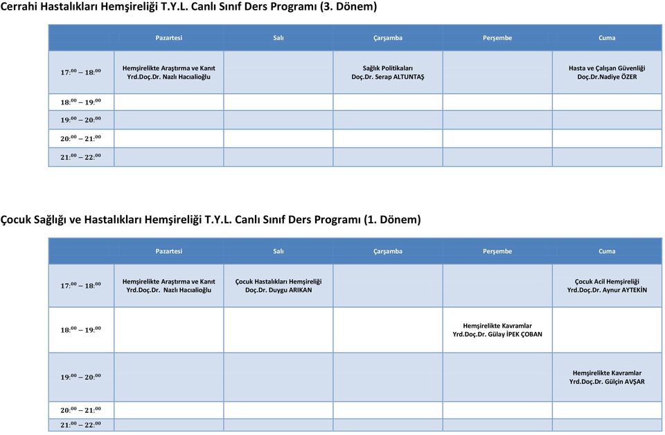 Y.L. Canlı Sınıf Ders Programı (1. Dönem) Hemşirelikte Araştırma ve Kanıt Yrd.Doç.Dr. Nazlı Hacıalioğlu Çocuk Hastalıkları Hemşireliği Doç.Dr. Duygu ARIKAN Çocuk Acil Hemşireliği Yrd.