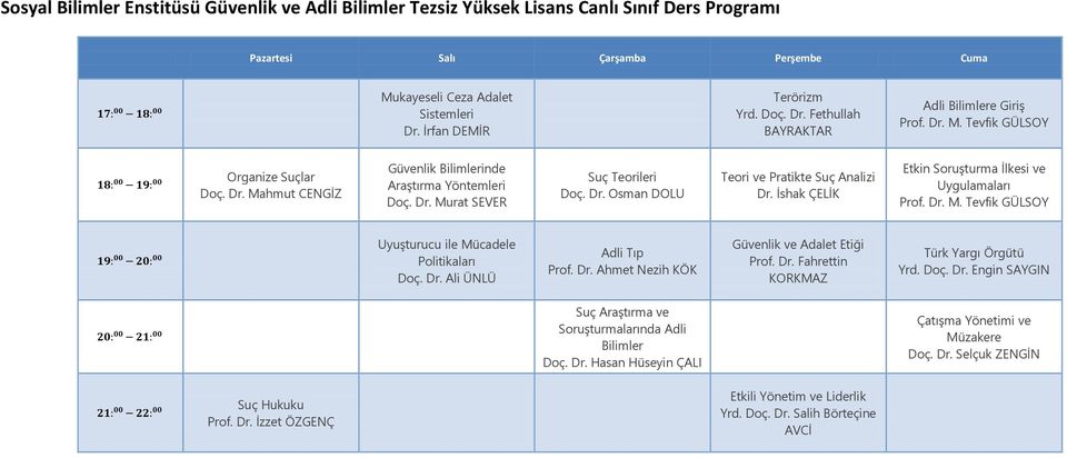 İshak ÇELİK Etkin Soruşturma İlkesi ve Uygulamaları Prof. Dr. M. Tevfik GÜLSOY Uyuşturucu ile Mücadele Politikaları Doç. Dr. Ali ÜNLÜ Adli Tıp Prof. Dr. Ahmet Nezih KÖK Güvenlik ve Adalet Etiği Prof.