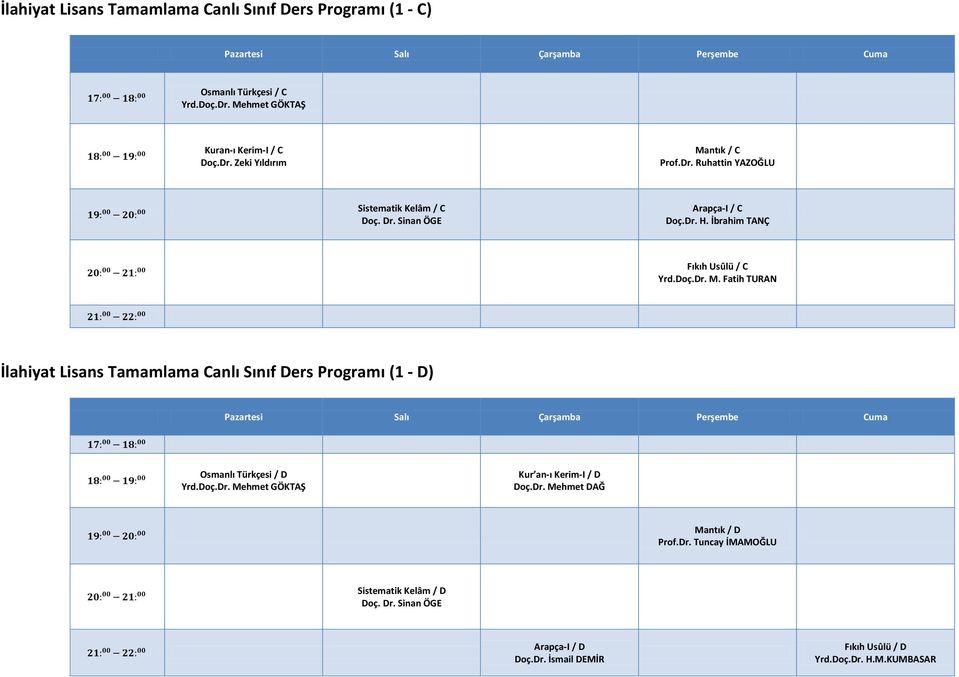 Fatih TURAN İlahiyat Lisans Tamamlama Canlı Sınıf Ders Programı (1 - D) Osmanlı Türkçesi / D Yrd.Doç.Dr. Mehmet GÖKTAŞ Kur an-ı Kerim-I / D Doç.Dr. Mehmet DAĞ Mantık / D Prof.