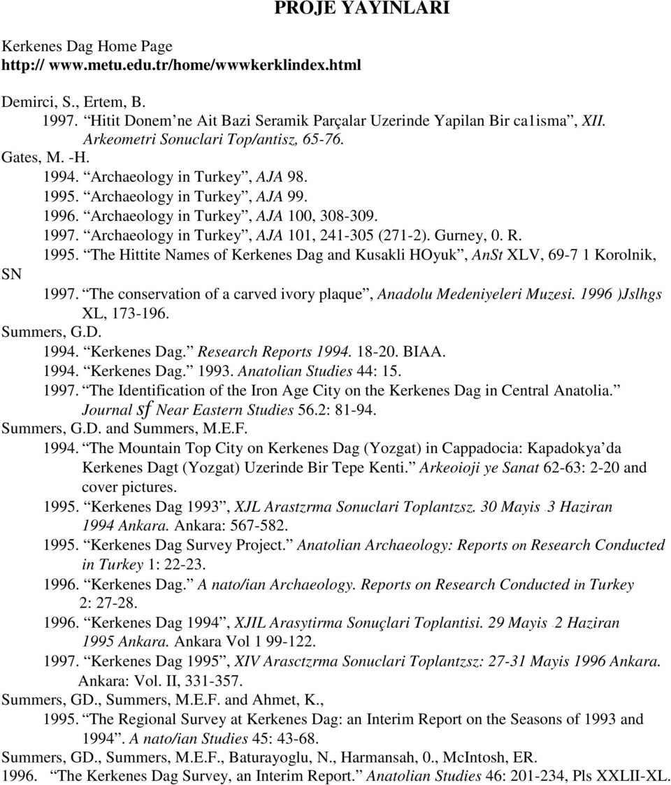 Archaeology in Turkey, AJA 101, 241-305 (271-2). Gurney, 0. R. 1995. The Hittite Names of Kerkenes Dag and Kusakli HOyuk, AnSt XLV, 69-7 1 Korolnik, SN 1997.