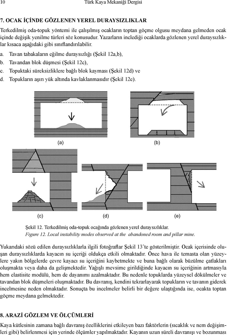 Yazarların inclediği ocaklarda gözlenen yerel duraysızlıklar kısaca aşağıdaki gibi sınıflandırılabilir. a. Tavan tabakaların eğilme duraysızlığı (Şekil 12a,b), b. Tavandan blok düşmesi (Şekil 12c), c.