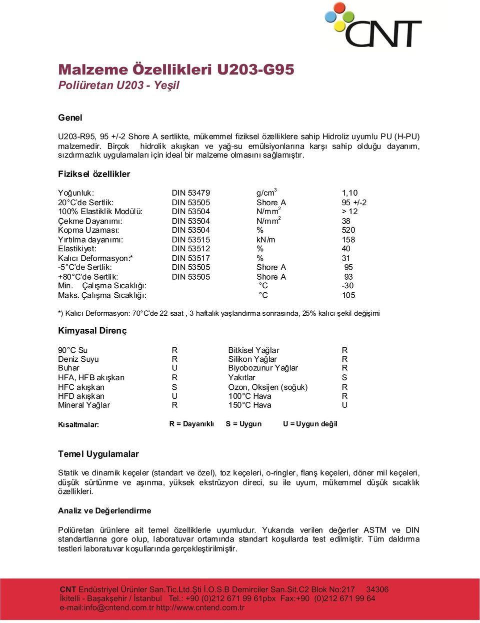 Fiziksel özellikler Yoðunluk : DIN 53479 g/cm 3 1,10 20 C de Sertlik: DIN 53505 Shore A 95 +/-2 100% Elastiklik Modülü: DIN 53504 N/mm 2 > 12 Çekme Dayanýmý: DIN 53504 N/mm 2 38 Kopma Uzamasý: DIN