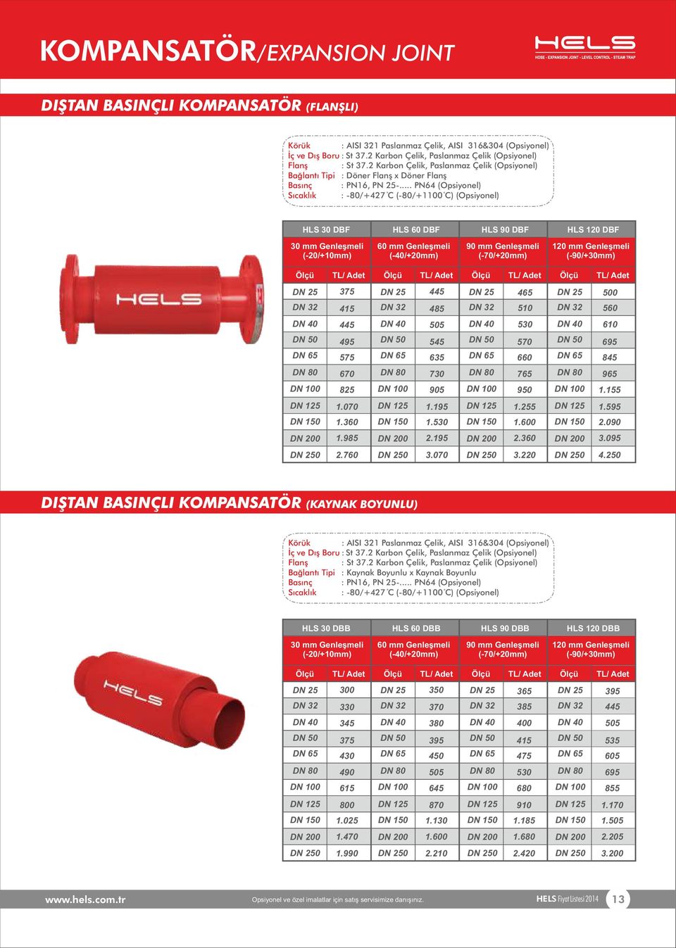 .. PN64 (Opsiyonel) Sıcaklık : - 80/+427 C (-80/+1100 C) (Opsiyonel) HLS 30 DBF HLS 60 DBF HLS 90 DBF 30 mm Genleşmeli (-20/+10mm) 60 mm Genleşmeli (-40/+20mm) 90 mm Genleşmeli (-70/+20mm) HLS 120